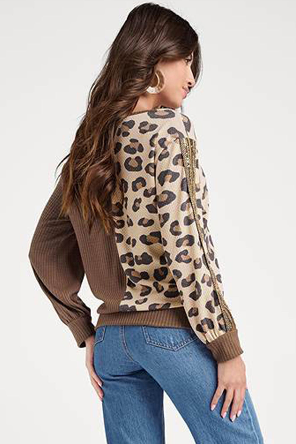 Brown Leopard Splicing Waffle Knit V Neck Top Long Sleeve Tops JT's Designer Fashion