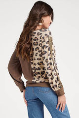 Brown Leopard Splicing Waffle Knit V Neck Top Long Sleeve Tops JT's Designer Fashion