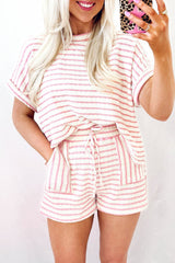 Pink Stripe Knitted Short Sleeve Top and Drawstring Shorts Set Short Sets JT's Designer Fashion
