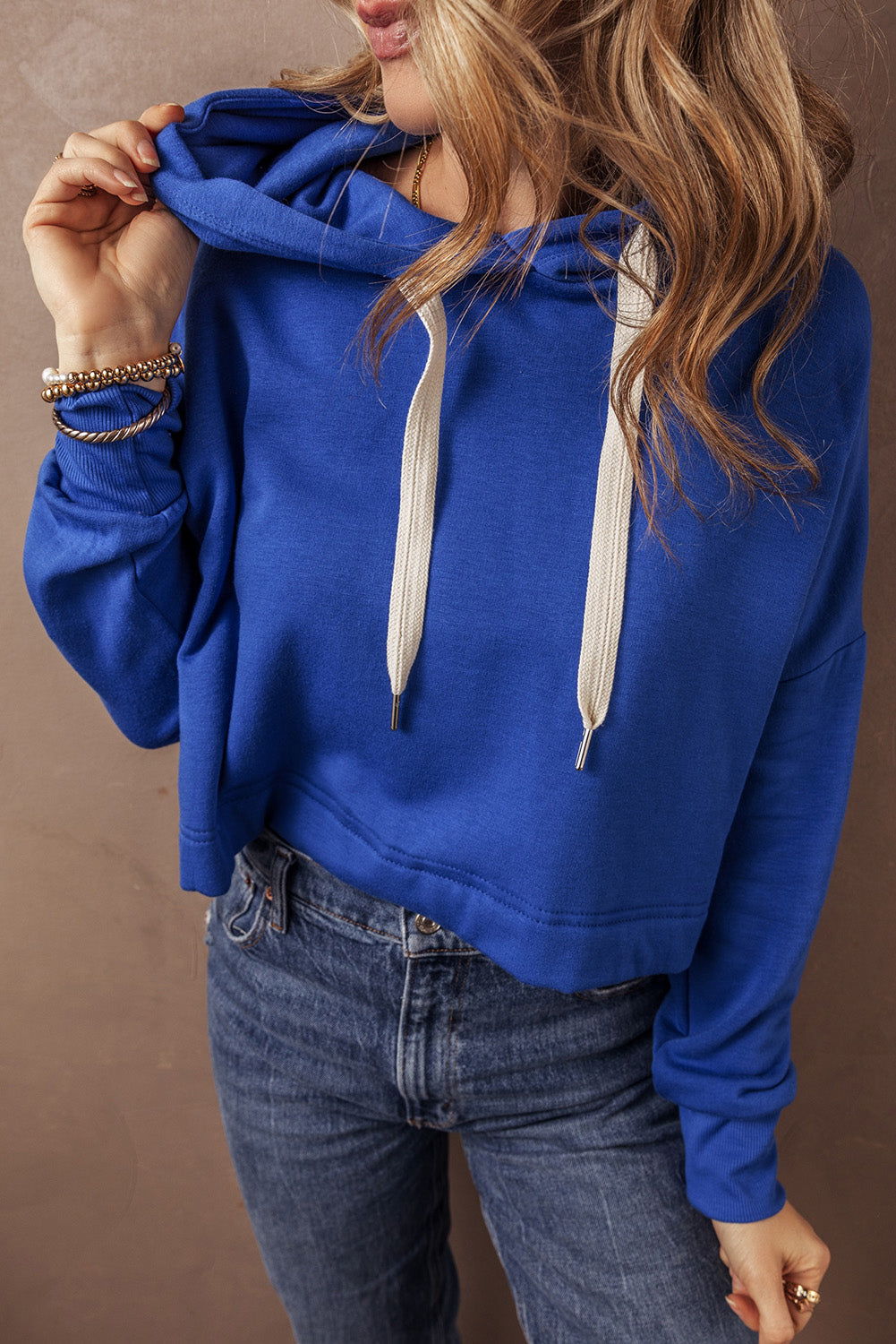 Dark Blue Solid Drop Shoulder Drawstring Cropped Hoodie Sweatshirts & Hoodies JT's Designer Fashion