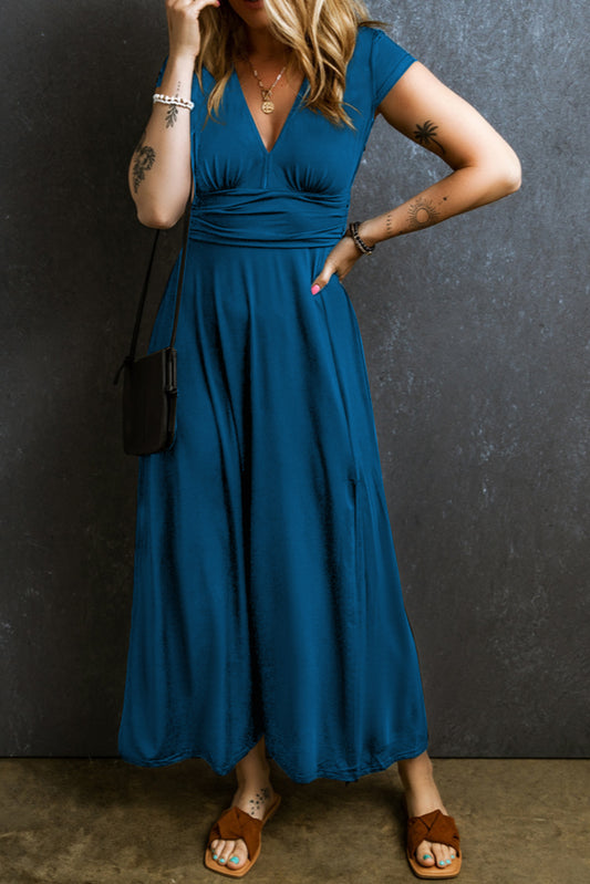 Peacock Blue Short Sleeve Shirred High Waist V Neck Long Dress Peacock Blue 65%Polyester+30%Viscose+5%Elastane Maxi Dresses JT's Designer Fashion