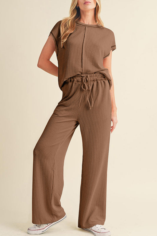 Coffee Solid Color Corded Short Sleeve Top and Casual Pants Set Pant Sets JT's Designer Fashion