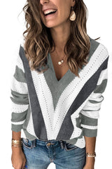 Gray Striped Colorblock V Neck Knitted Sweater Sweaters & Cardigans JT's Designer Fashion