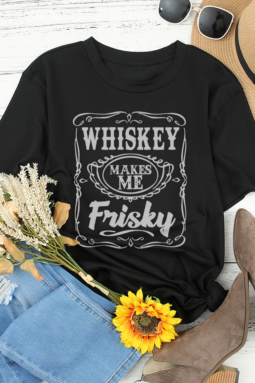 Black WHISKEY Makes Me Frisky Print Graphic Tee Graphic Tees JT's Designer Fashion