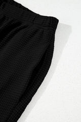 Black Solid Color Textured Buttoned Shirt and Casual Pants Set Pant Sets JT's Designer Fashion