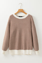 Coffee Contrast Edge Crew Neck Drop Shoulder Sweater Sweaters JT's Designer Fashion