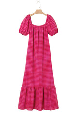 Rose Ginham Check Bubble Sleeve Ruffled Long Dress Maxi Dresses JT's Designer Fashion