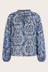 Blue Tribal Print Lace-up Frilled Neck Puff Sleeve Blouse Blouses & Shirts JT's Designer Fashion