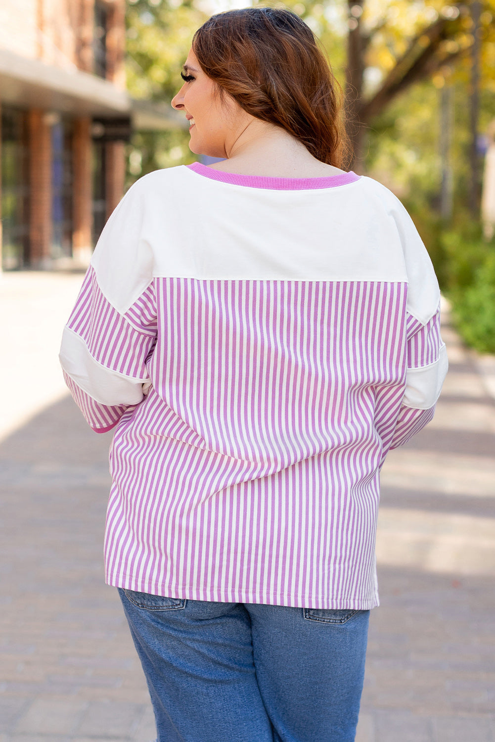 Pink Stripe Patchwork Bracelet Sleeve Plus Size T Shirt Plus Size JT's Designer Fashion