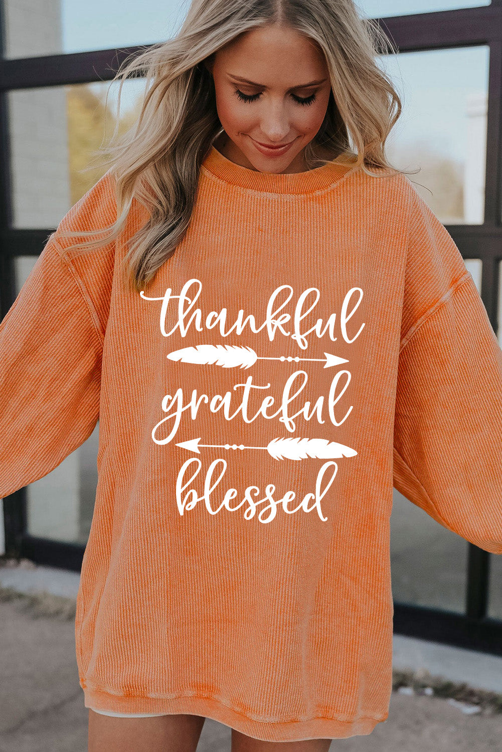 Orange thankful grateful blessed Arrow Graphic Corded Sweatshirt Graphic Sweatshirts JT's Designer Fashion