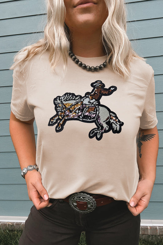 Khaki Sequin Rodeo Graphic Crewneck Tee Graphic Tees JT's Designer Fashion
