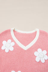 Pink Flower V Neck Dropped Shoulder Sweater Sweaters JT's Designer Fashion