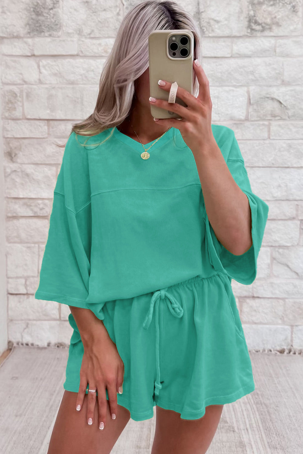 Sea Green Solid Loose V Neck Half Sleeve Tee and Shorts Short Sets JT's Designer Fashion