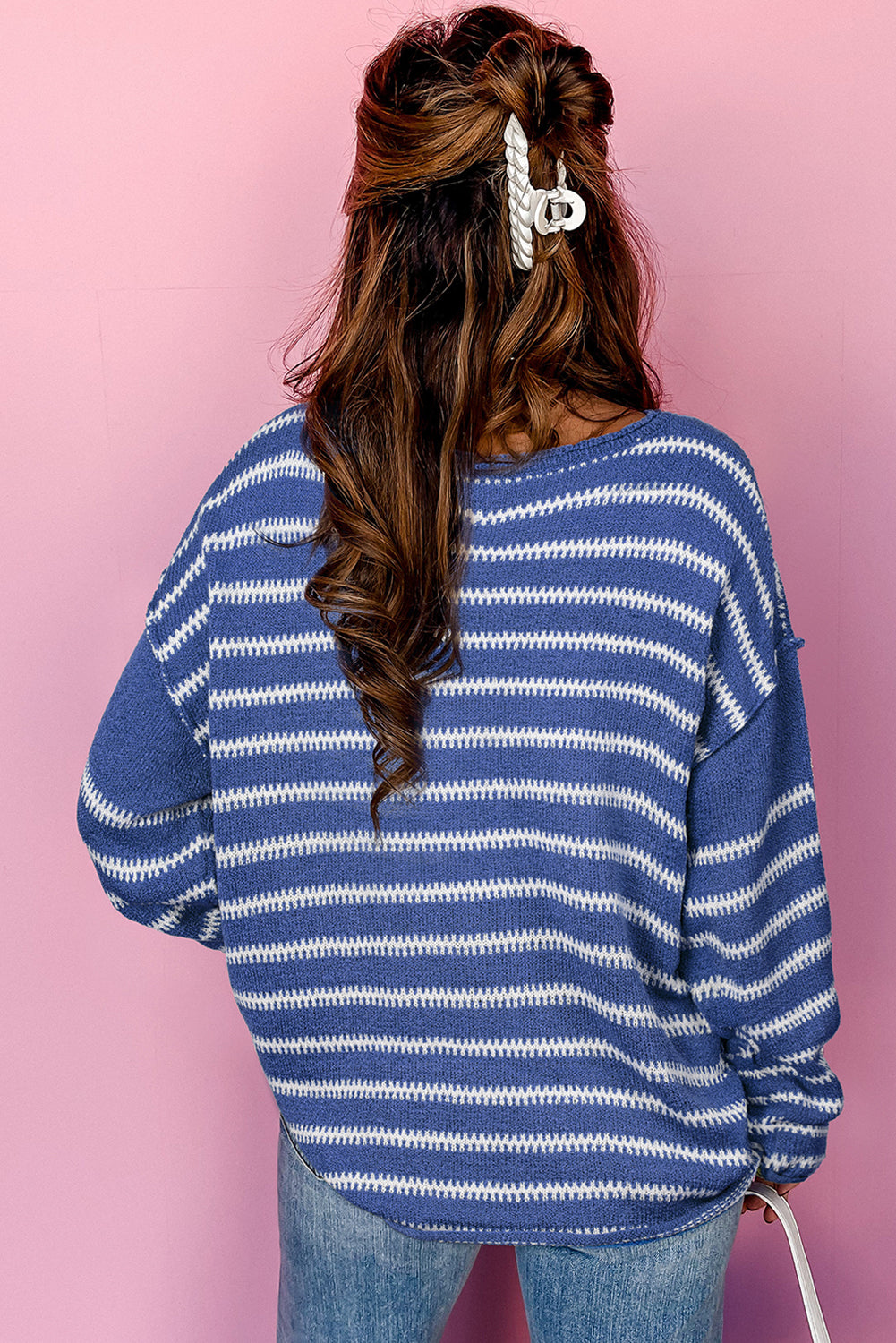 Sky Blue Stripe Drop Shoulder Casual Sweater Sweaters JT's Designer Fashion