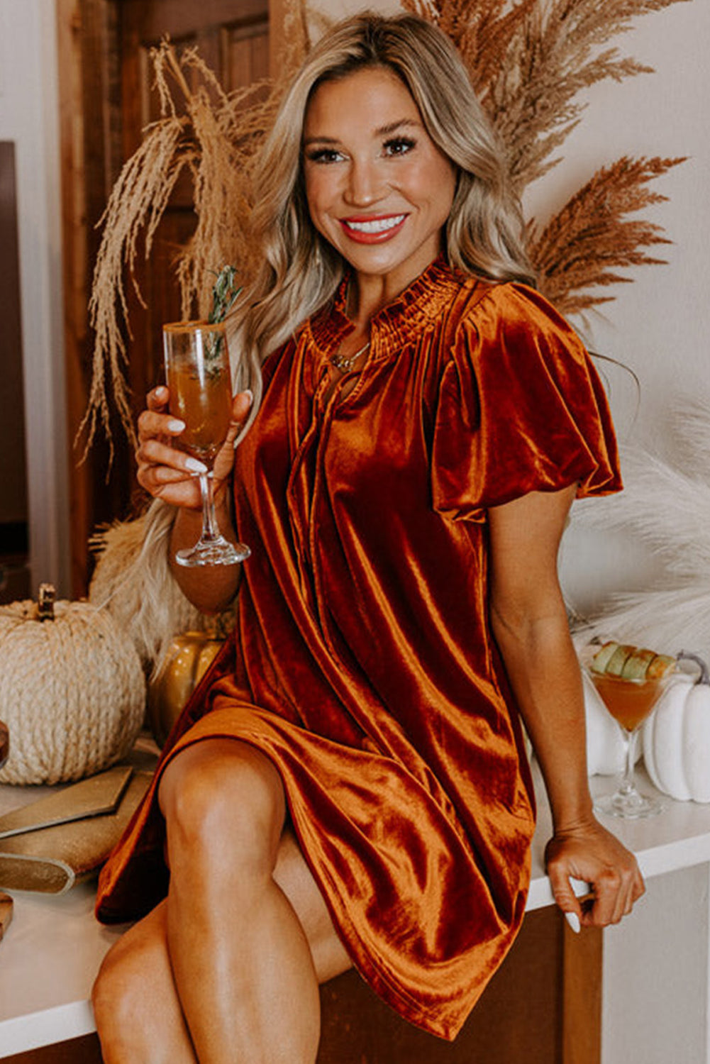 Cinnamon Velvet Smocked Neckline Puff Sleeve Shift Mini Dress Mini Dresses JT's Designer Fashion