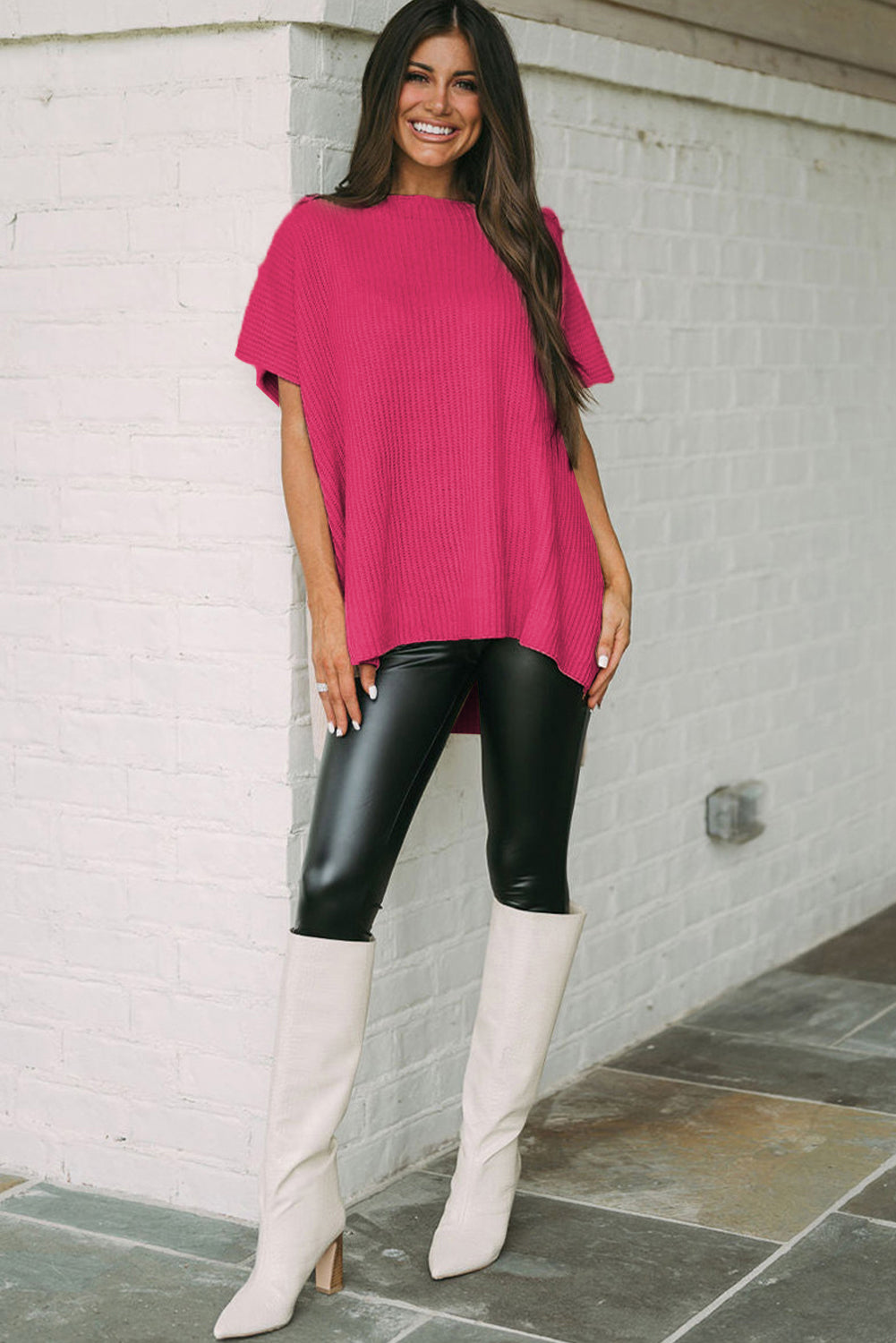 Rose Red Short Sleeve Side Slit Oversized Sweater Sweaters & Cardigans JT's Designer Fashion