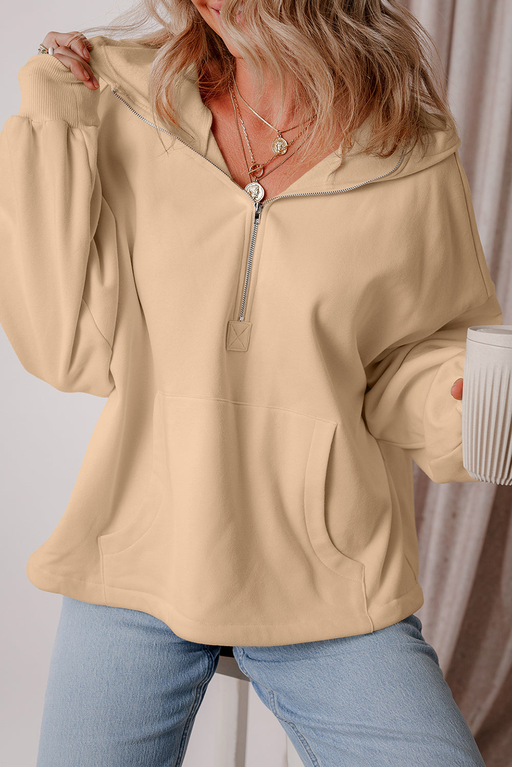 Parchment Fleece Lined Half Zipper Kangaroo Pockets Loose Hoodie Sweatshirts & Hoodies JT's Designer Fashion