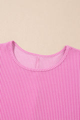 Bright Pink Corded Knit Crew Neck Puff Sleeve Shift Mini Dress T Shirt Dresses JT's Designer Fashion