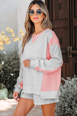 Light Grey Color Block Raw Hem Pullover and Casual Shorts Set Short Sets JT's Designer Fashion
