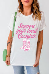 White Support Your Local Cowgirls Boots Print Crewneck Tee Graphic Tees JT's Designer Fashion