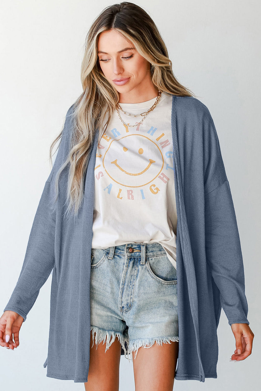 Ashleigh Blue Solid Color Rib Knit Open Front Tunic Cardigan Cardigans JT's Designer Fashion