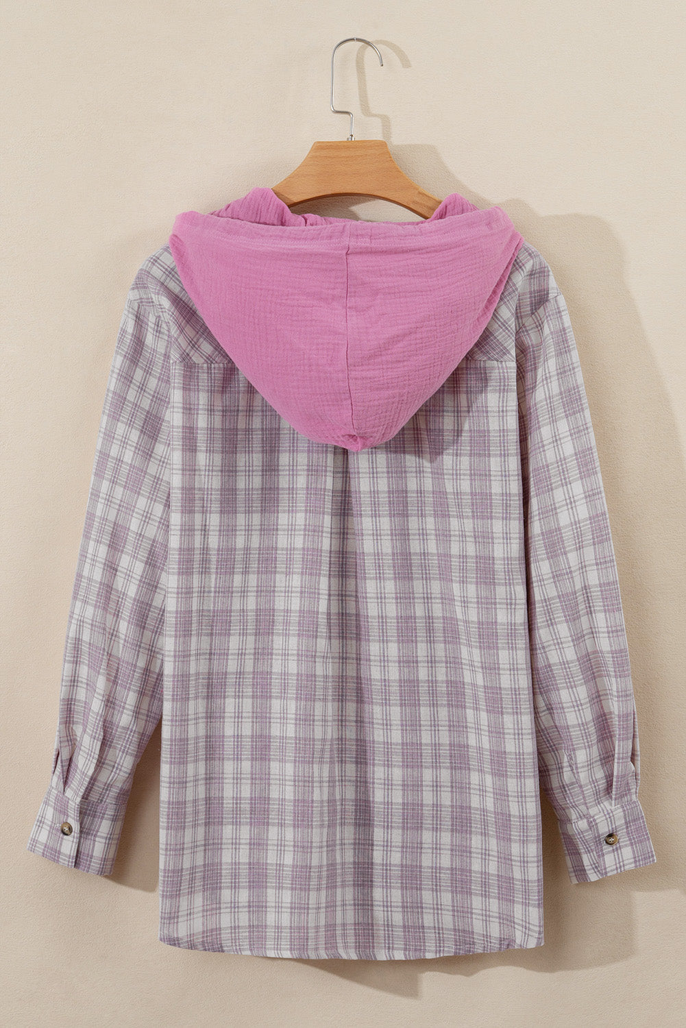 Pink Checkered Print Loose Fit Buttoned Hooded Shacket Plaid Shackets JT's Designer Fashion