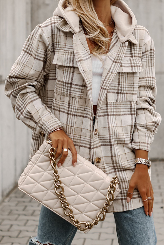 Khaki Plaid Removable Hood Buttoned Shacket Khaki 100%Polyester Plaid Shackets JT's Designer Fashion