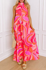 Rose Abstract Printed High Neck Knotted Nape Sleeveless Long Dress Maxi Dresses JT's Designer Fashion