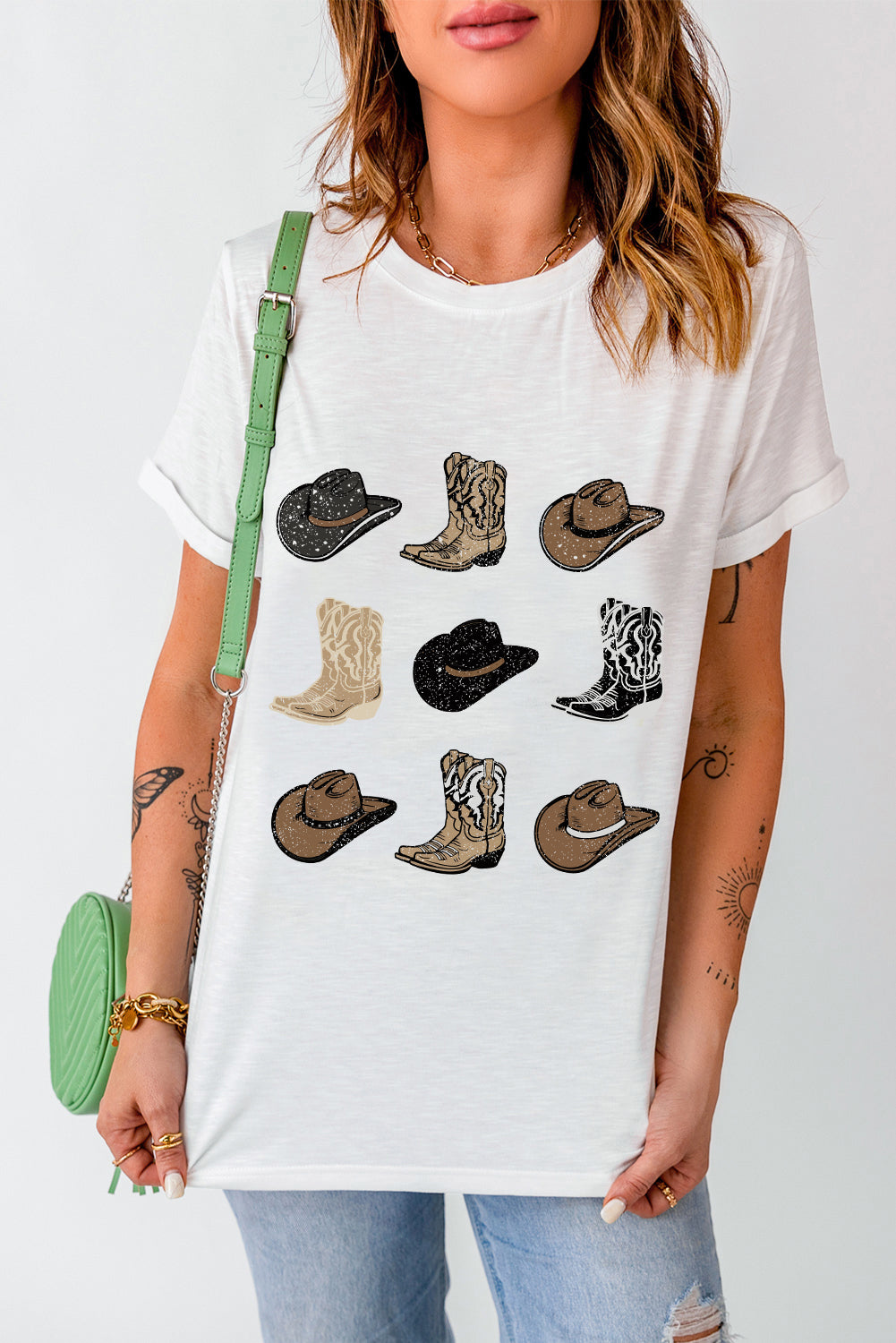 White Cowboys Boots Western Fashion Print T Shirt Graphic Tees JT's Designer Fashion