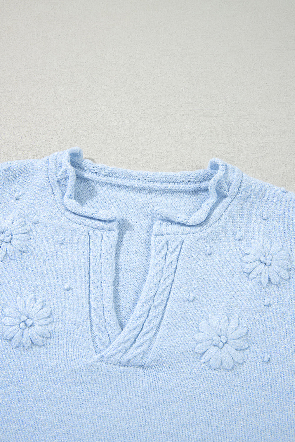 Beau Blue Flower Detail Knitted Notched Neck Sweater Sweaters JT's Designer Fashion