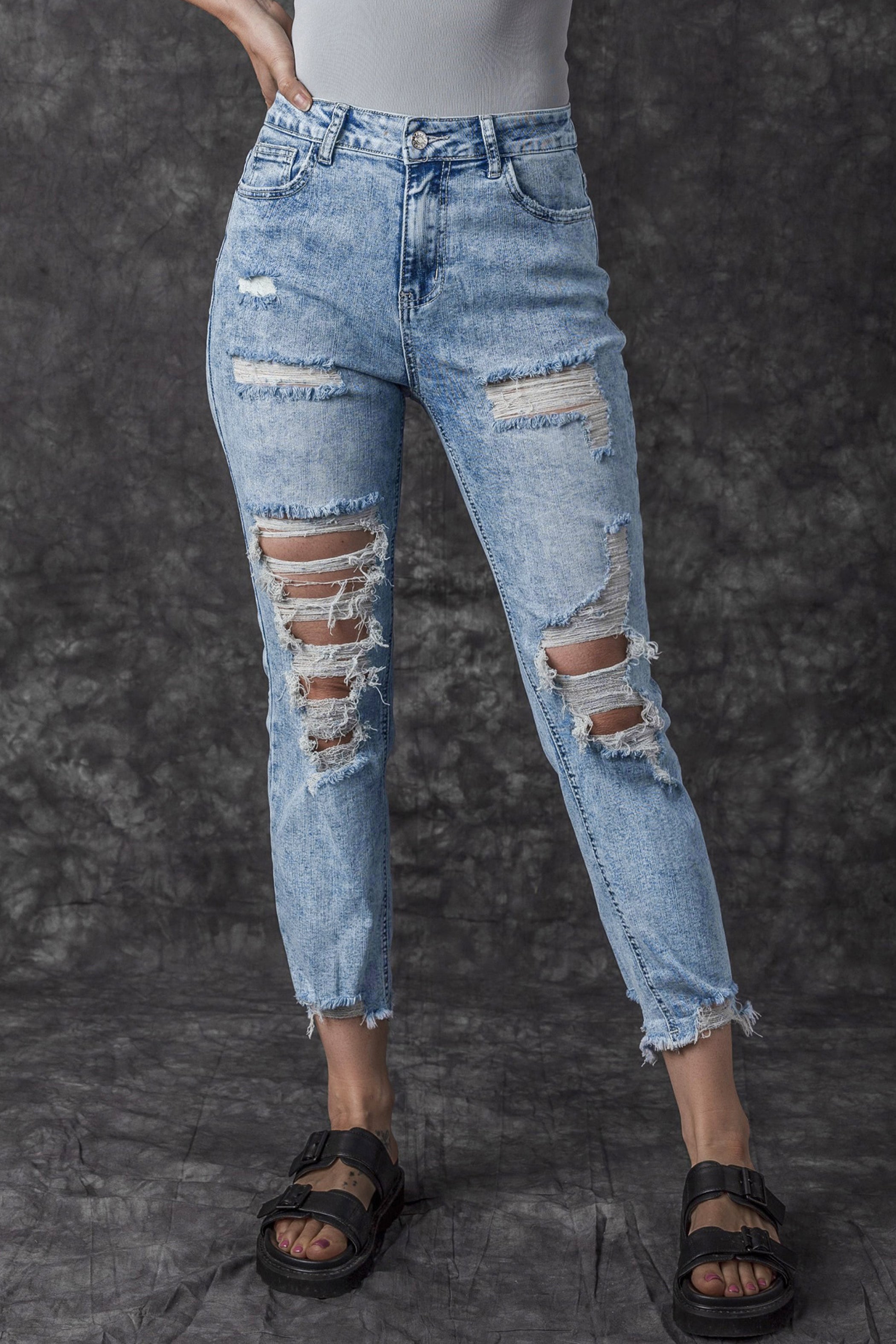 Sky Blue Acid Wash Distressed Slim Fit Jeans Jeans JT's Designer Fashion