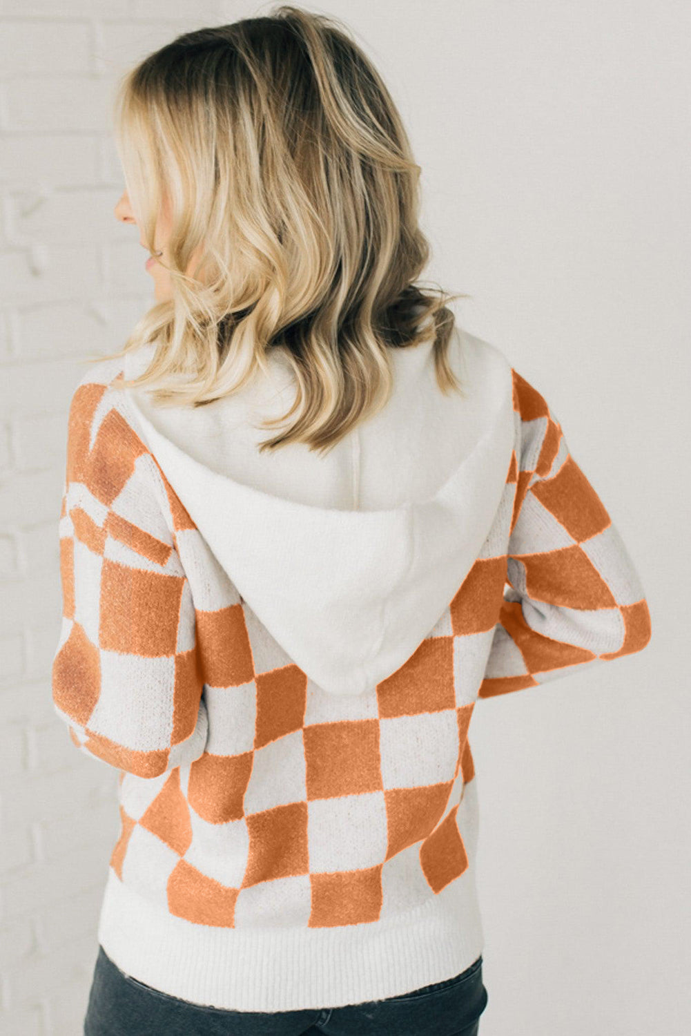 Gold Flame Checkered Split Neck Contrast Kangaroo Pocket Hooded Sweater Sweaters JT's Designer Fashion