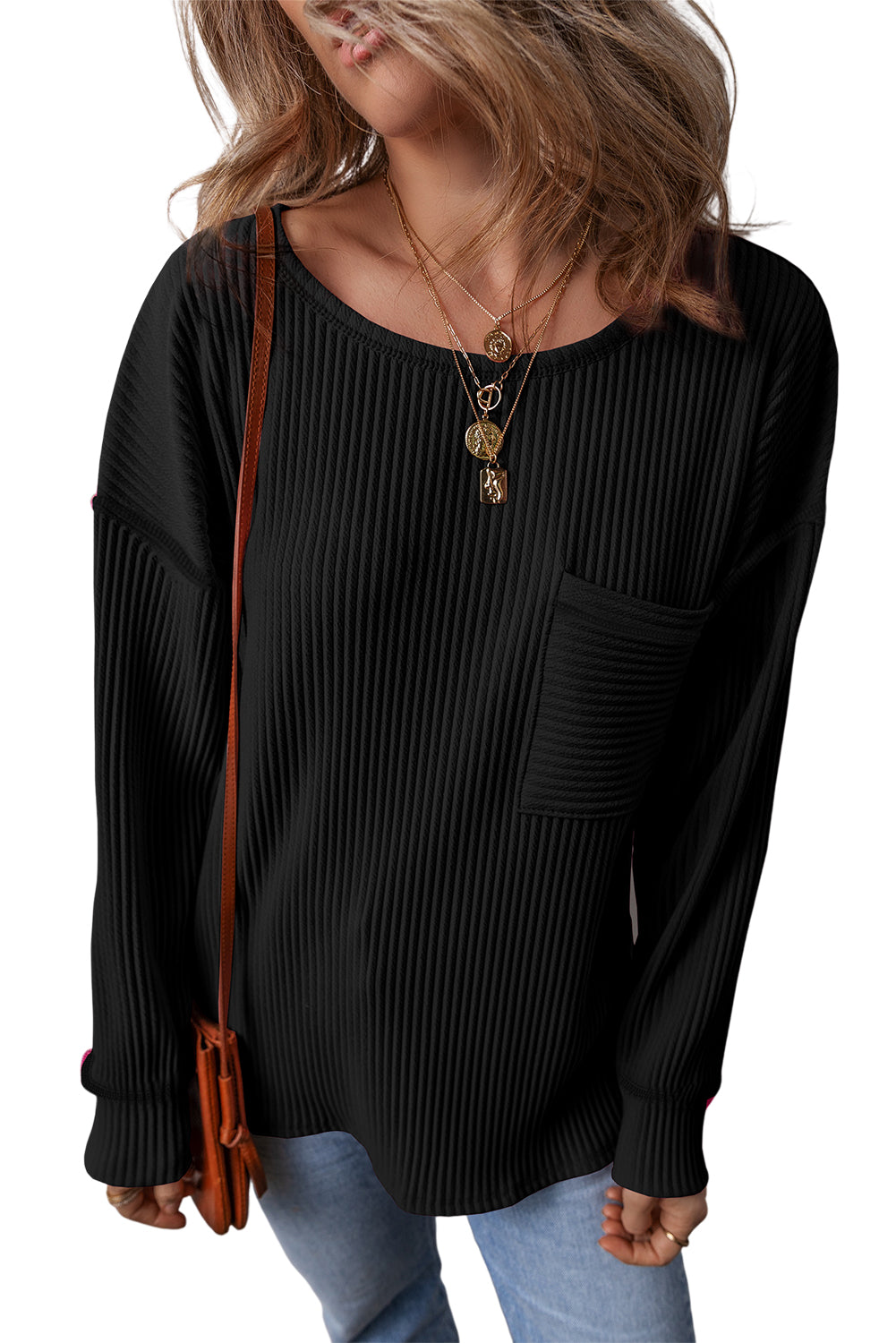 Black Solid Color Corded Drop Shoulder Long Sleeve Top Long Sleeve Tops JT's Designer Fashion