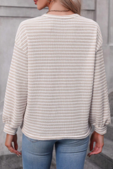 Khaki Stripe Round Neck Drop Shoulder Long Sleeve Top Long Sleeve Tops JT's Designer Fashion