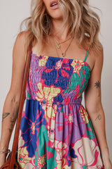 Purple Floral Print Shirred Spaghetti Strap Loose Long Dress Maxi Dresses JT's Designer Fashion