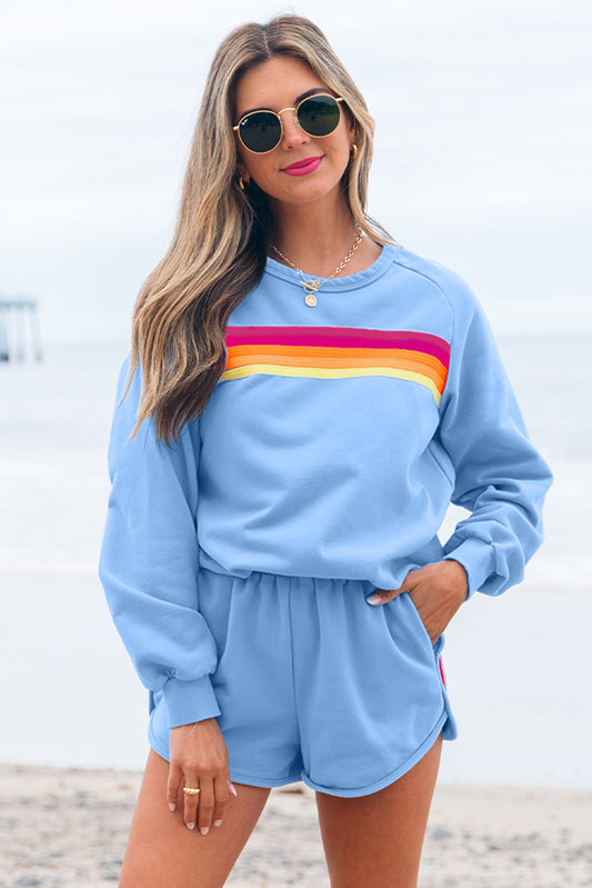 Beau Blue Accent Pullover and Shorts Two Piece Casual Set Beau Blue 50%Polyester+50%Cotton Short Sets JT's Designer Fashion