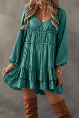 Mist Green Tiered Ruffled Puff Sleeve Loose Fit Mini Dress Mini Dresses JT's Designer Fashion