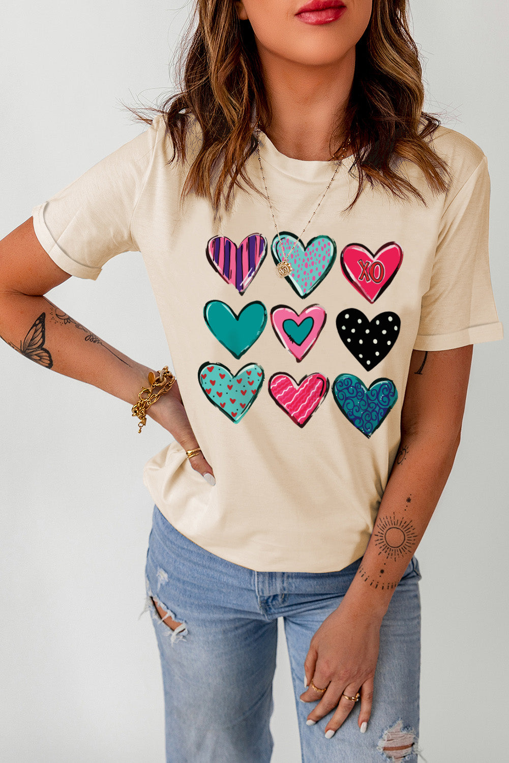 Khaki Valentines Multi Pattern Heart Shape Graphic T Shirt Graphic Tees JT's Designer Fashion
