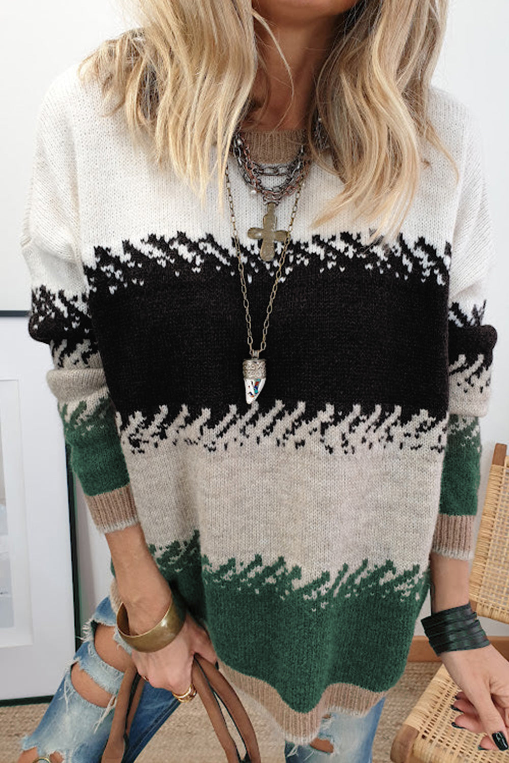 Black Stylish Color Block Pattern Drop Shoulder Sweater Sweaters JT's Designer Fashion