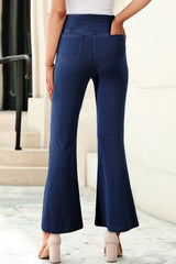 Dusk Blue Solid Crossed Waist High Elastic Fit Flare Knit Jeans Jeans JT's Designer Fashion