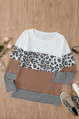 Brown Stripes Leopard Splicing Colorblock Long Sleeve Top Long Sleeve Tops JT's Designer Fashion