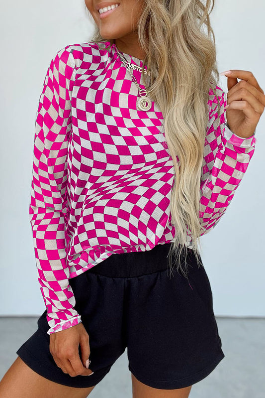 Rose Checkered Pattern Mesh Mock Neck Long Sleeve Top Long Sleeve Tops JT's Designer Fashion