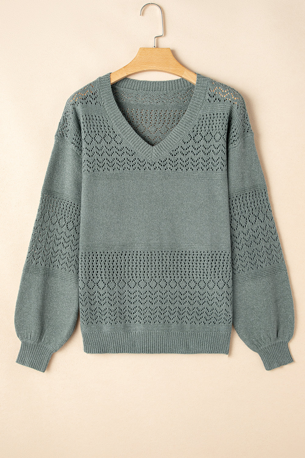 Mist Green Eyelet Pattern Detail V Neck Drop Shoulder Sweater Sweaters JT's Designer Fashion