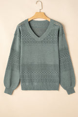 Mist Green Eyelet Pattern Detail V Neck Drop Shoulder Sweater Sweaters JT's Designer Fashion