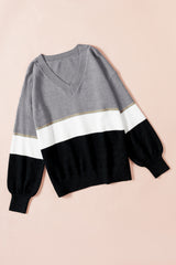 Gray Colorblock V Neck Sweater Sweaters & Cardigans JT's Designer Fashion