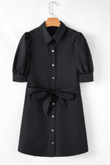 Black Button Up Tie Waist Puff Sleeve Mini Dress Mini Dresses JT's Designer Fashion