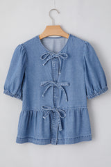 Dusk Blue Tied Front Bubble Sleeve Peplum Denim Shirt Blouses & Shirts JT's Designer Fashion