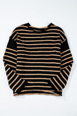 Black Stripe Drop Shoulder Round Neck Loose Sweater Sweaters JT's Designer Fashion