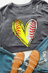 Gray Baseball Heart Shape Print Crew Neck T Shirt Graphic Tees JT's Designer Fashion