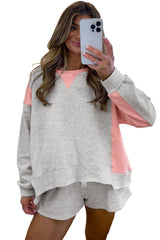 Light Grey Color Block Raw Hem Pullover and Casual Shorts Set Short Sets JT's Designer Fashion